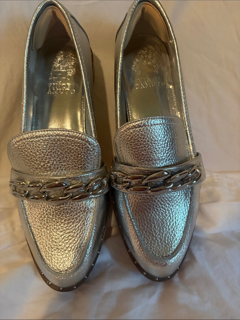 Vince Camuto Metallic Silver Chain-Trim Loafers Worn Twice Size 8